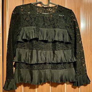 J. Crew Black Lace Tiered Long Sleeve Ruffle Blouse, size: 00P